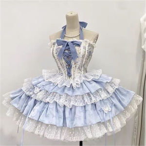 千木原创正版芭蕾风lolita鱼骨蕾丝挂脖胸衣半裙套装