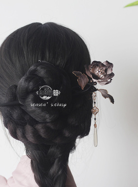 森森的簪丨水墨牡丹 原创非遗绒花檀木盘发簪 流苏新中式旗袍礼物