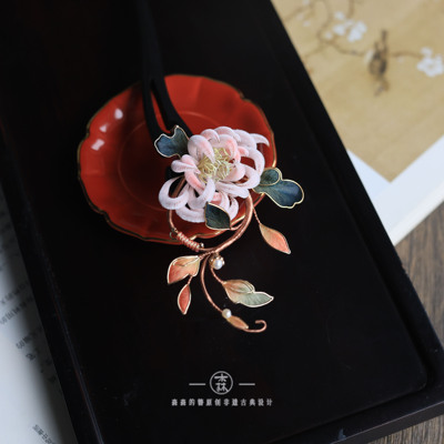 非遗绒花檀木发簪菊花国风