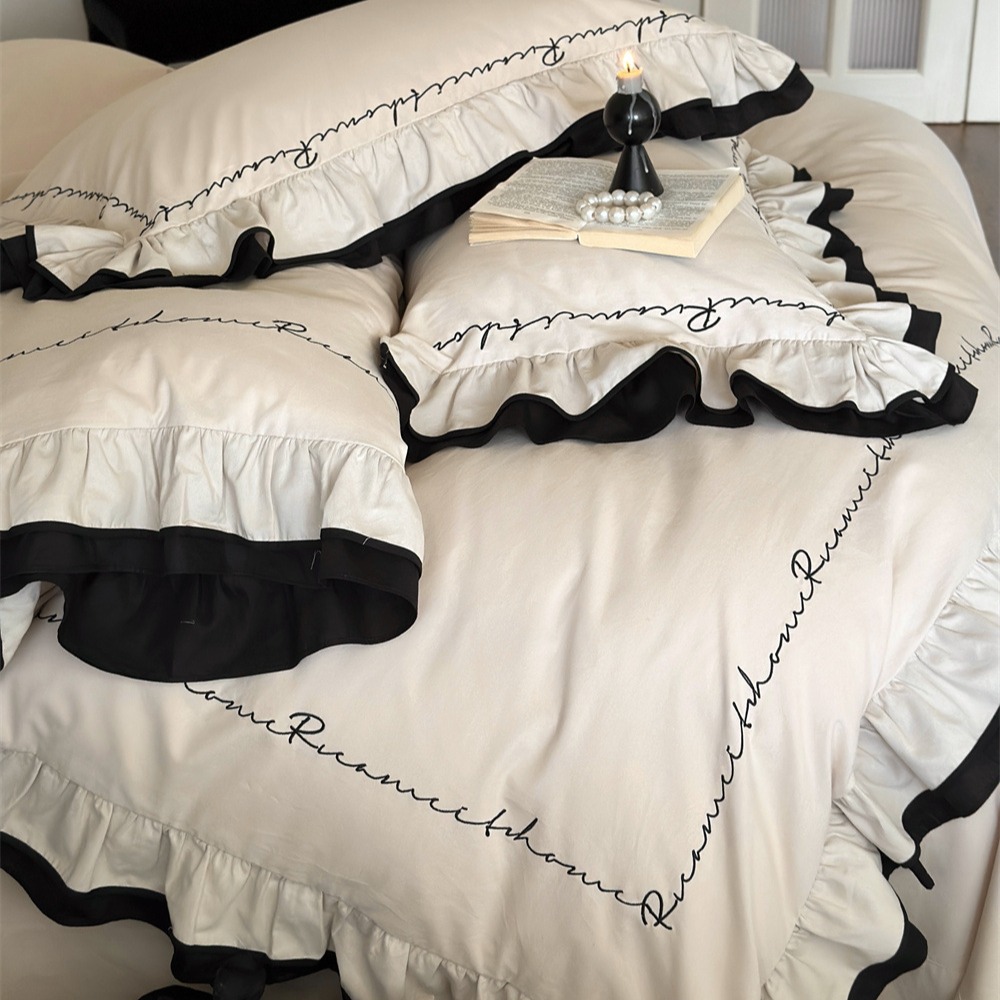 复古黑色花边50支全棉贡缎磨毛四件套法式风简约刺绣被套