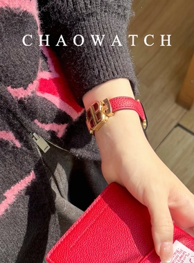 B扣红色新年适用于苹果手表表带s11代apple女iwatch10987se超纤皮