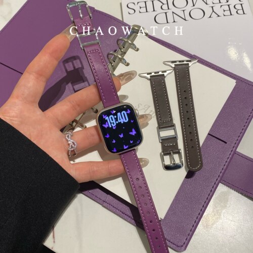 高级紫细款真皮适用于苹果手表表带s11代apple女iwatch109876se夏
