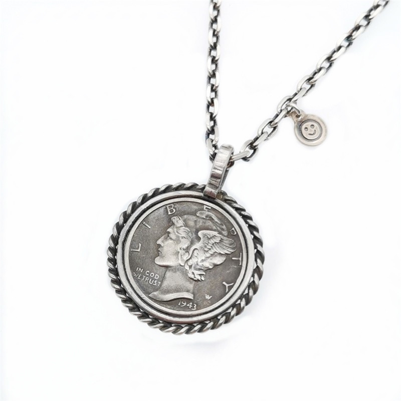 智神墨丘利古银币吊坠男士复古纯银时尚锁骨项链女笑脸圆牌挂坠女