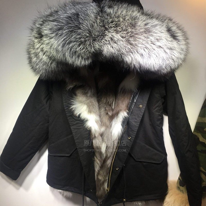 Meifng潮牌冬季新品短款黑色大码男士狐狸毛皮草派克服大毛领银狐