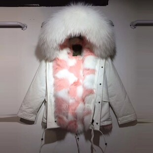 白色扎染狐狸毛皮草女短款冬新品大毛领可拆连帽派克服街头范潮牌
