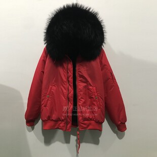 潮牌街头男友风汽车红机车夹克皮草短款 大毛领拉链棉服 女连帽长袖