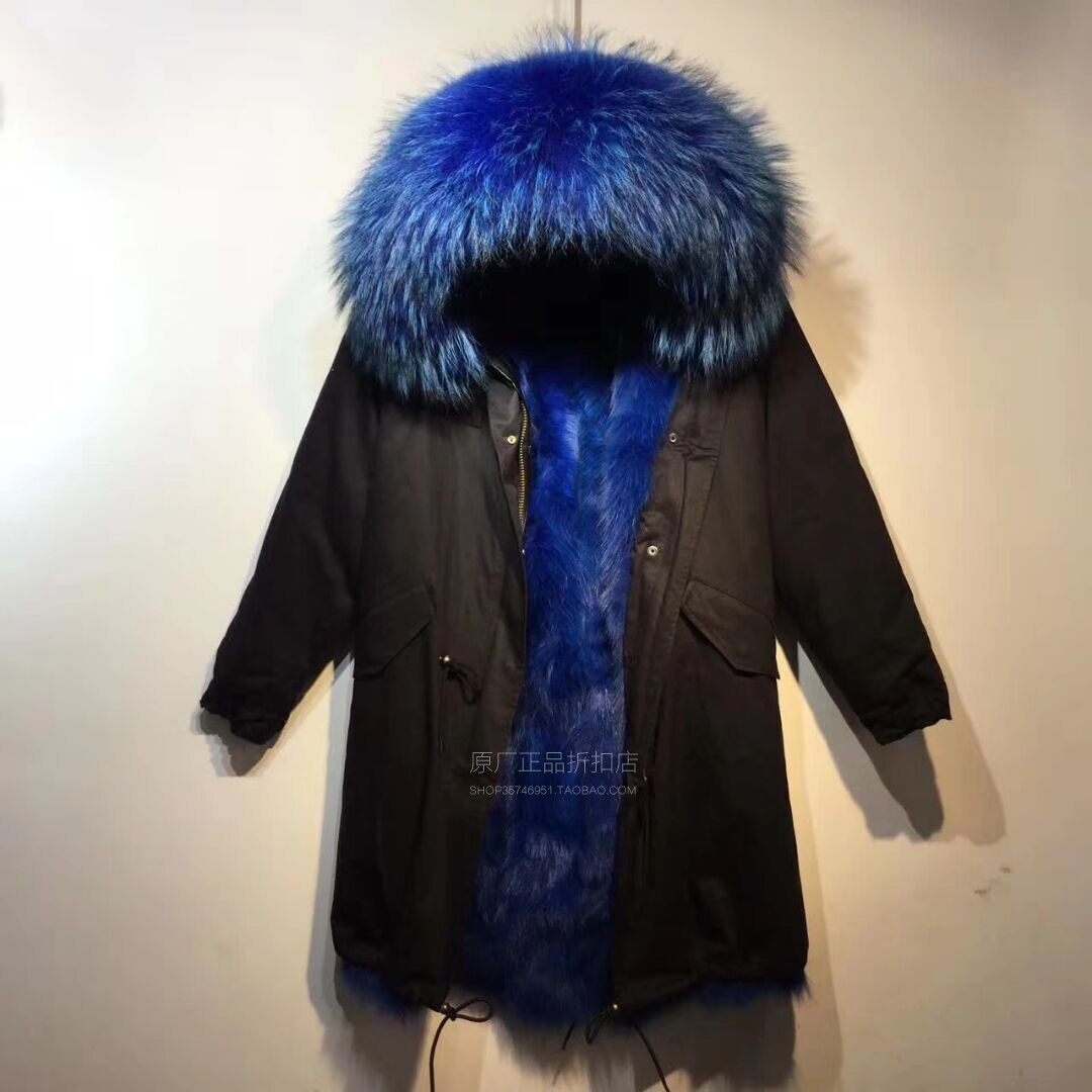 潮牌冬大码男士狐狸毛蓝色皮草派克长款新品真大毛领可拆加厚棉服
