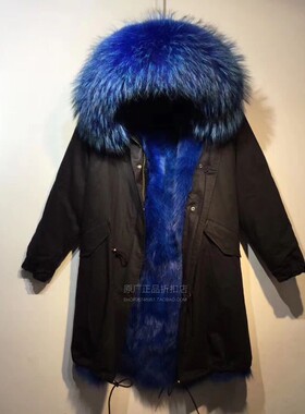 潮牌冬大码男士狐狸毛蓝色皮草派克长款新品真大毛领可拆加厚棉服