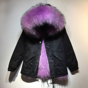 冬2022新品 紫色真貉子毛大毛领连帽皮草潮 大码 狐狸毛派克服女短款