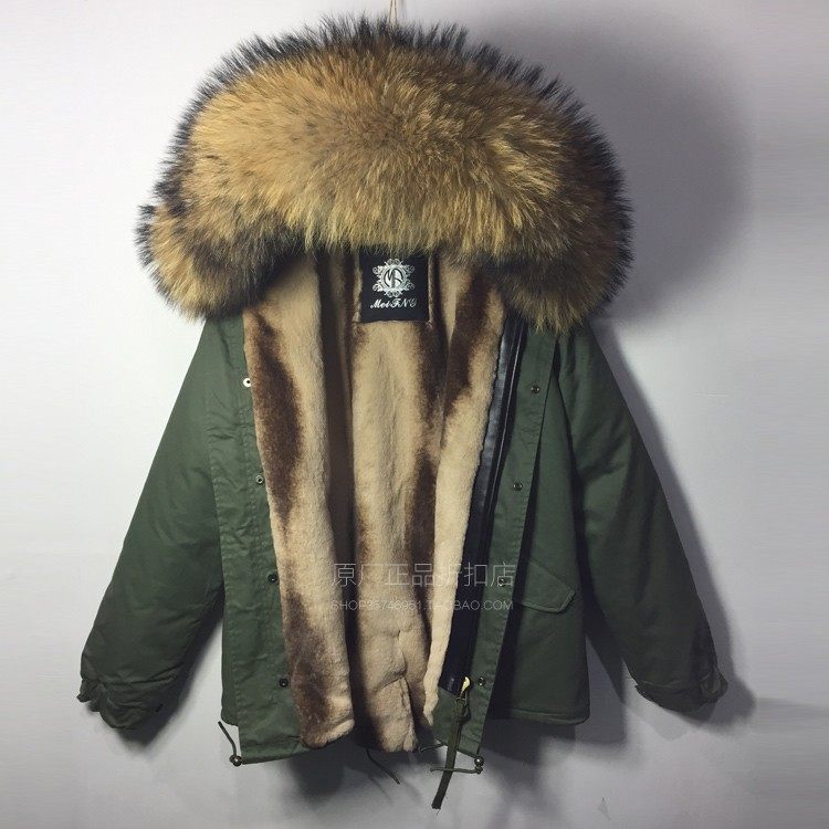派克服男款冬季潮牌大码棉服真貉子毛大毛可拆卸加厚绒军绿色短款
