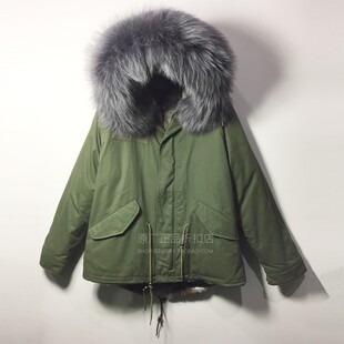 冬新品大码男士派克服短款明星种草灰色真獭兔毛短毛真皮草潮