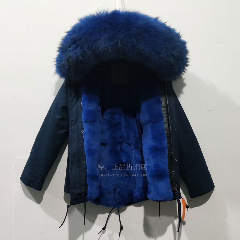 INS潮牌派克王男士大码棉服蓝色短款尼克服獭兔毛皮草外套大毛领