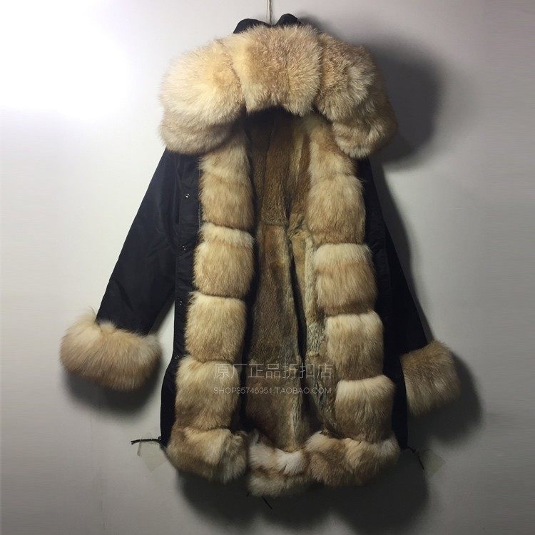 定制打格狐狸毛皮草女长款真獭兔毛派克服大毛领可拆卸门边狐狸毛