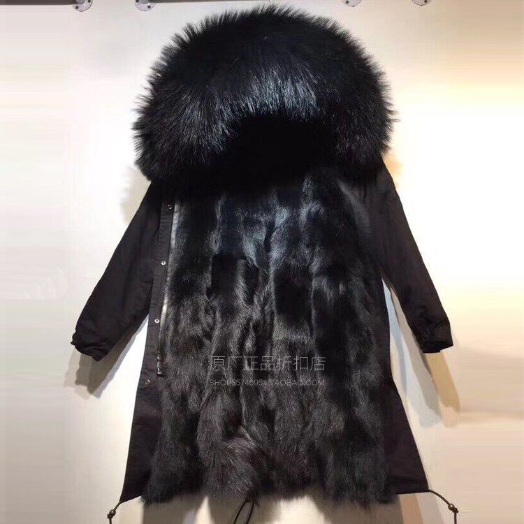 Mr冬新品男明星同款真毛狐狸毛皮草派克服长款黑色貉子毛领潮furs