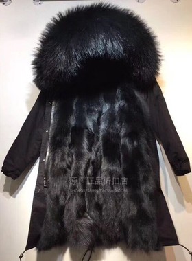 Mr冬新品男明星同款真毛狐狸毛皮草派克服长款黑色貉子毛领潮furs