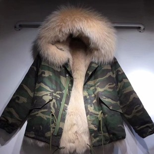 外套宽松杏色狐狸毛皮草派克服皮毛一体 迷彩大毛领棉衣女士冬工装