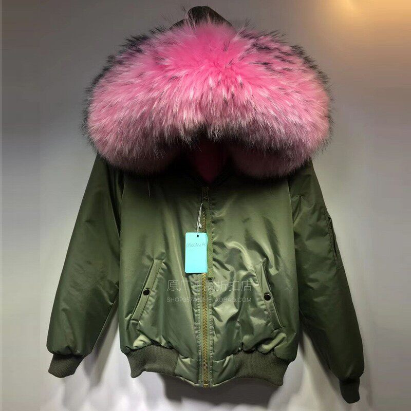 女士粉色大毛领工装夹克棒球服