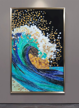 现代轻奢手绘珐琅彩装饰画简约入户玄关客厅海浪走廊尽头竖版挂画