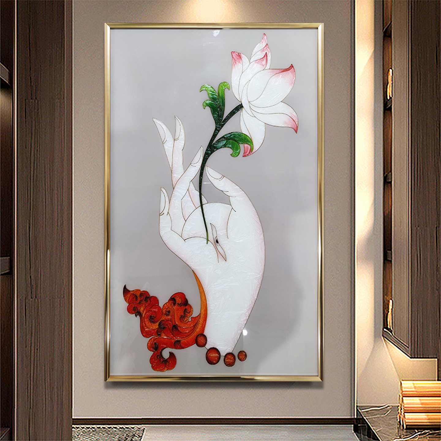 手绘珐琅彩装饰画轻奢玄关画现代简约客厅花开富贵过道走廊竖挂画图片