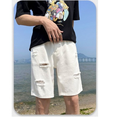 休闲裤纯色常规宽松型白色破洞牛仔短裤男款夏季薄款潮水洗青少年