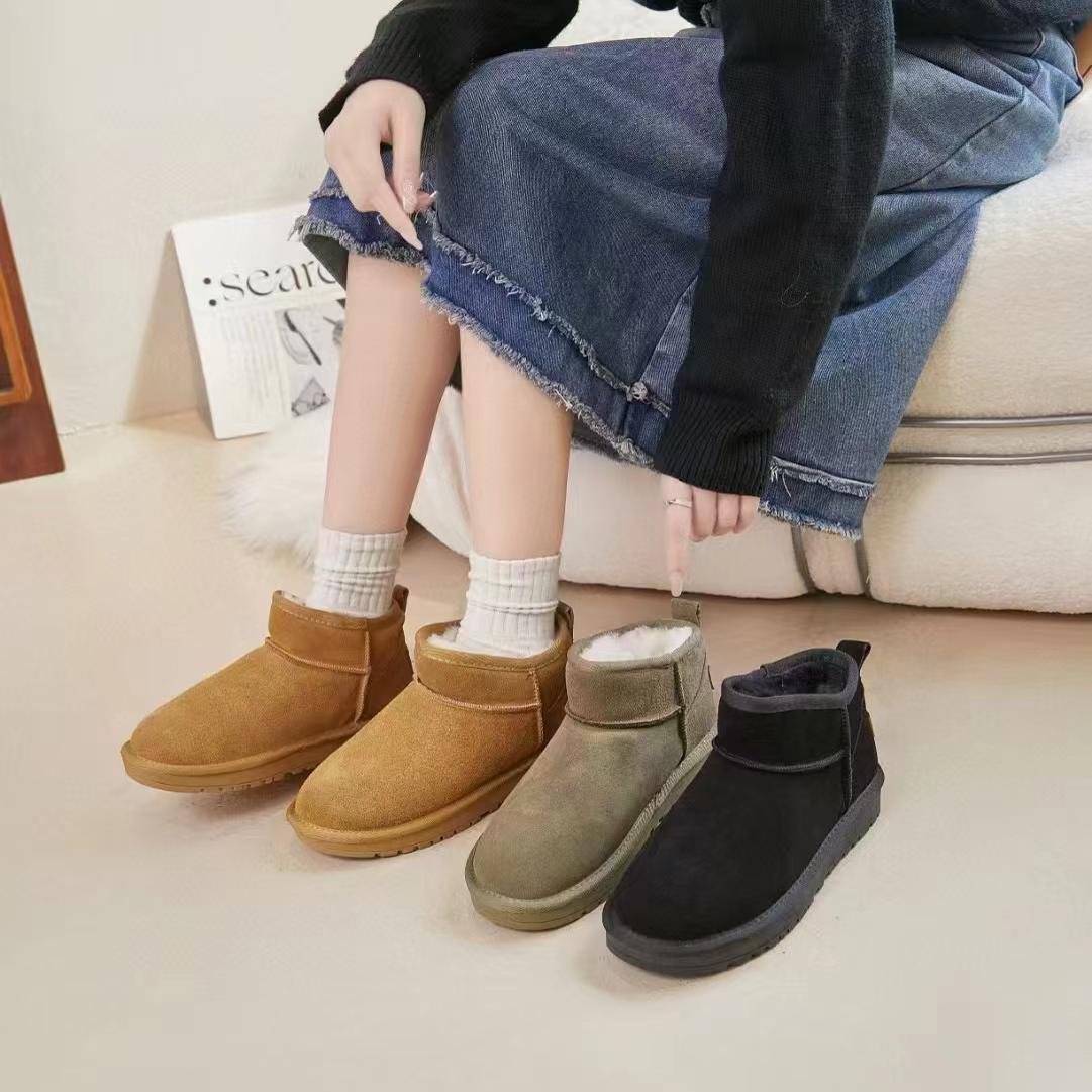 真皮牛皮!撤柜断码清仓靴子软底女短靴保暖圆头平底雪地靴A6109