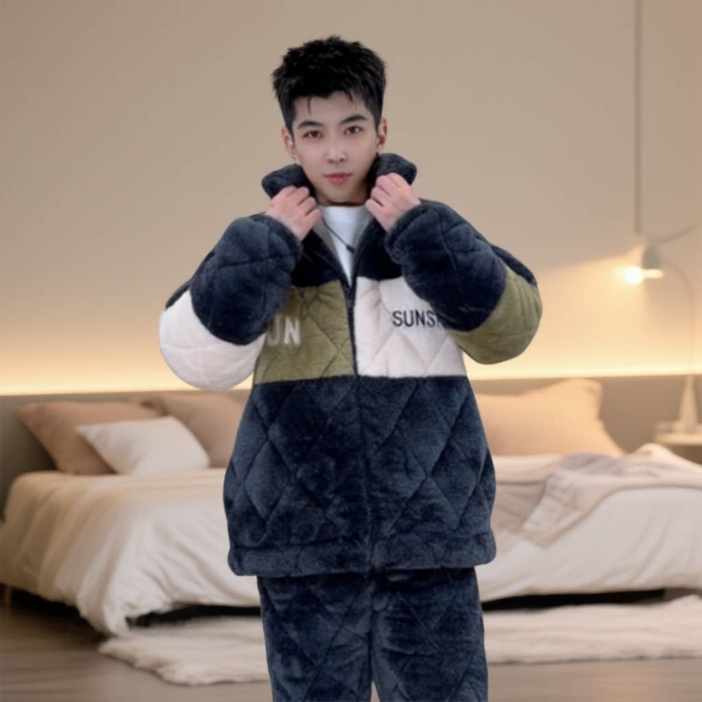 2025冬季新款男士睡衣三层加厚保暖法兰绒夹棉加绒男装家居服套装