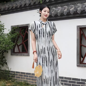 新款夏季女装绵绸新中式气质显瘦女款改良版国风长款拉襟开衩旗袍