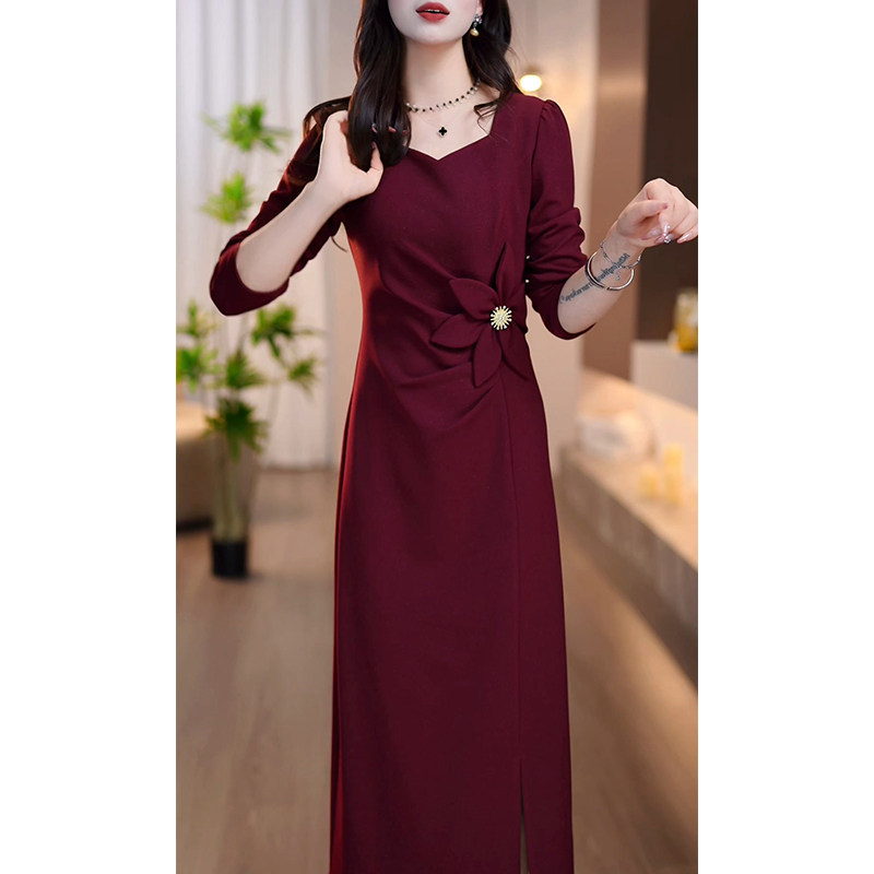 轻奢高级感长袖连衣裙女2026春秋新款喜婆婆妈妈婚宴气质礼服裙子