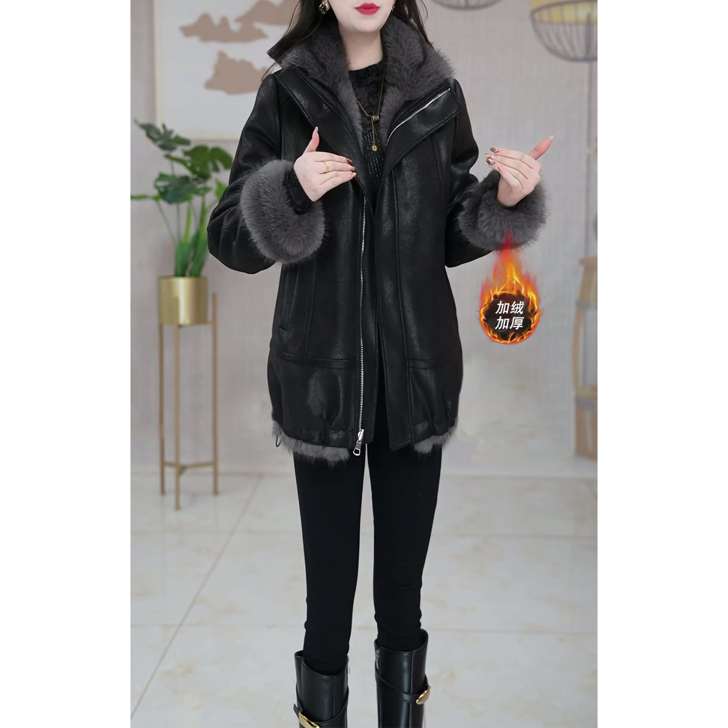 加绒加厚中长款大衣女