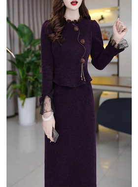 配大衣加厚长袖连衣裙女2025秋冬新款今年流行妈妈假两件打底裙子