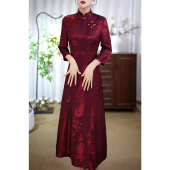 高端提花长袖 春秋喜婆婆妈妈婚宴礼服裙子 旗袍连衣裙女2026年新款