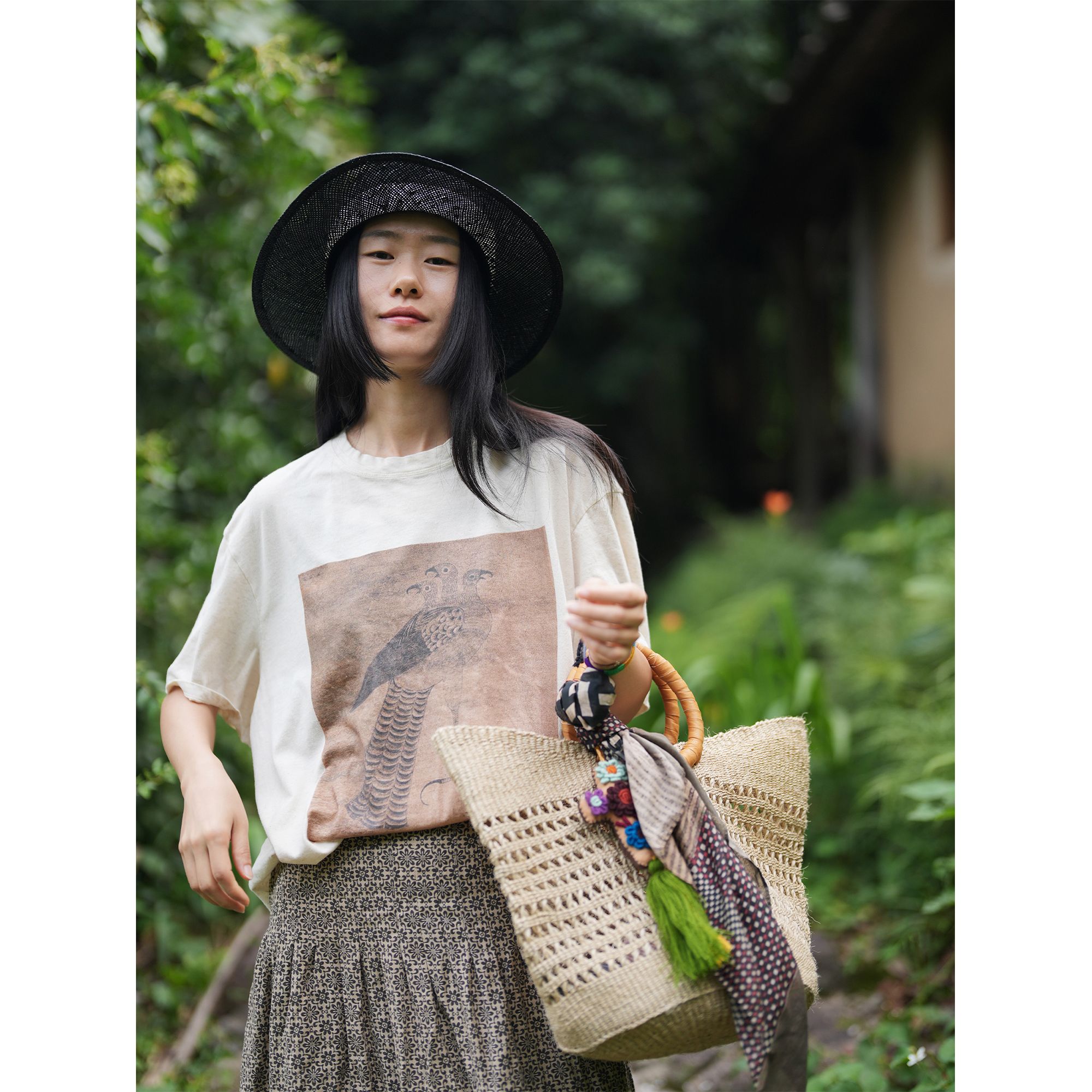 几见 原创设计夏季亚麻棉上衣休闲复古印花短袖T恤透气凉快W52301