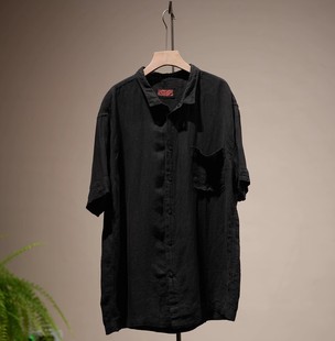 几见 原创设计复古做旧休闲亚麻短袖 衬衫 慵懒上衣女通勤W12901