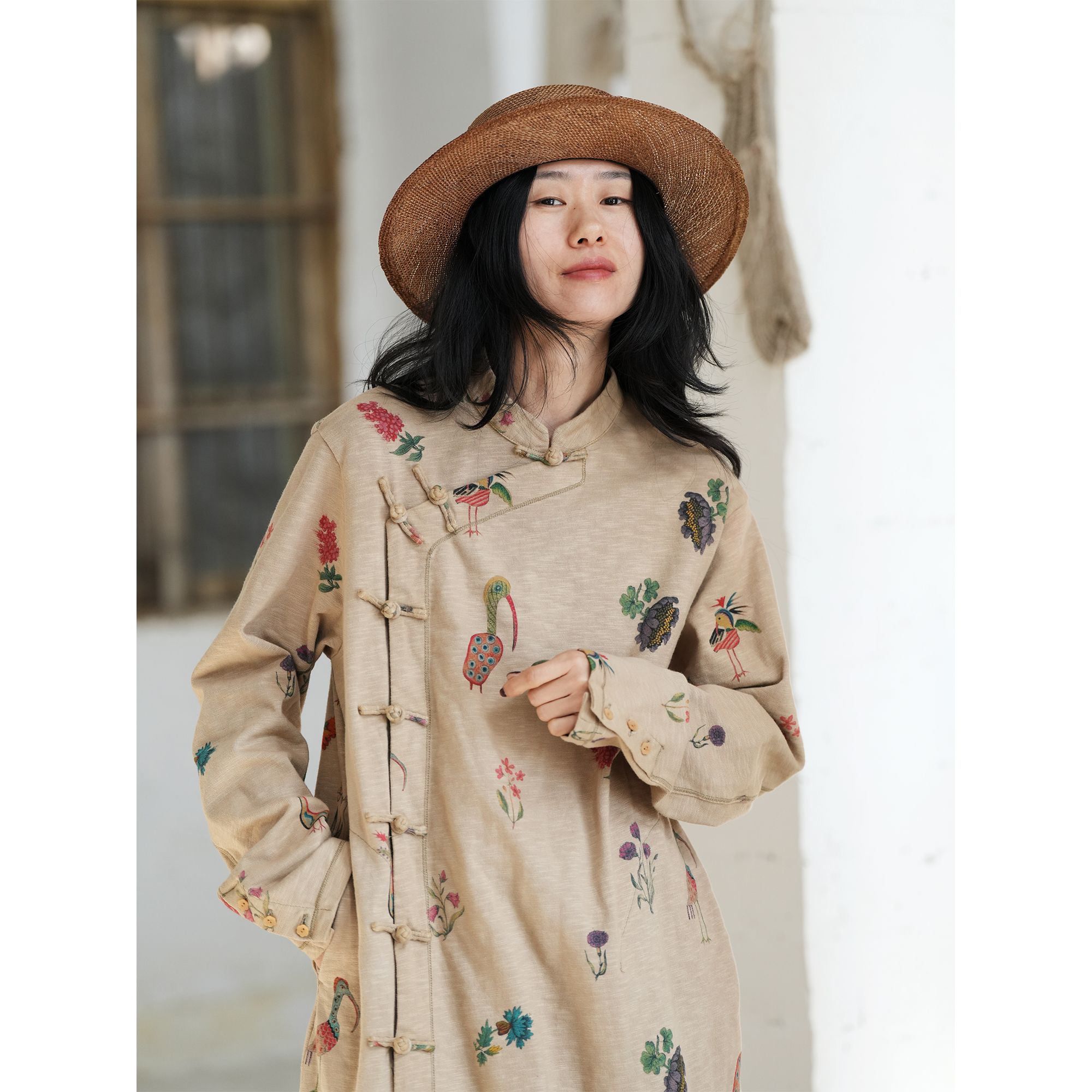 几见 原创设计春款汉麻棉长衬衣新中式印花盘扣袍子连衣裙WT4102