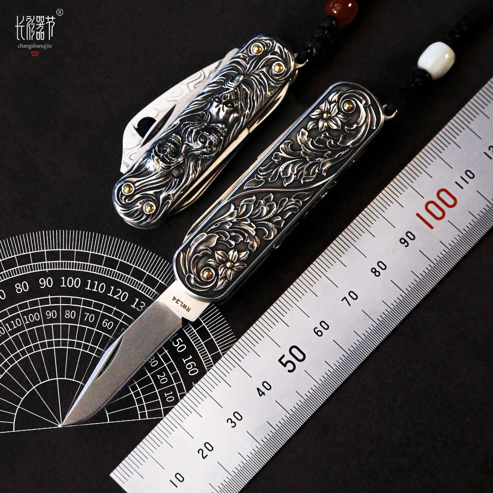 长衫器节925银雕刻改装版瑞士军刀瑞粉大马士革纯金镶嵌收藏刀EDC