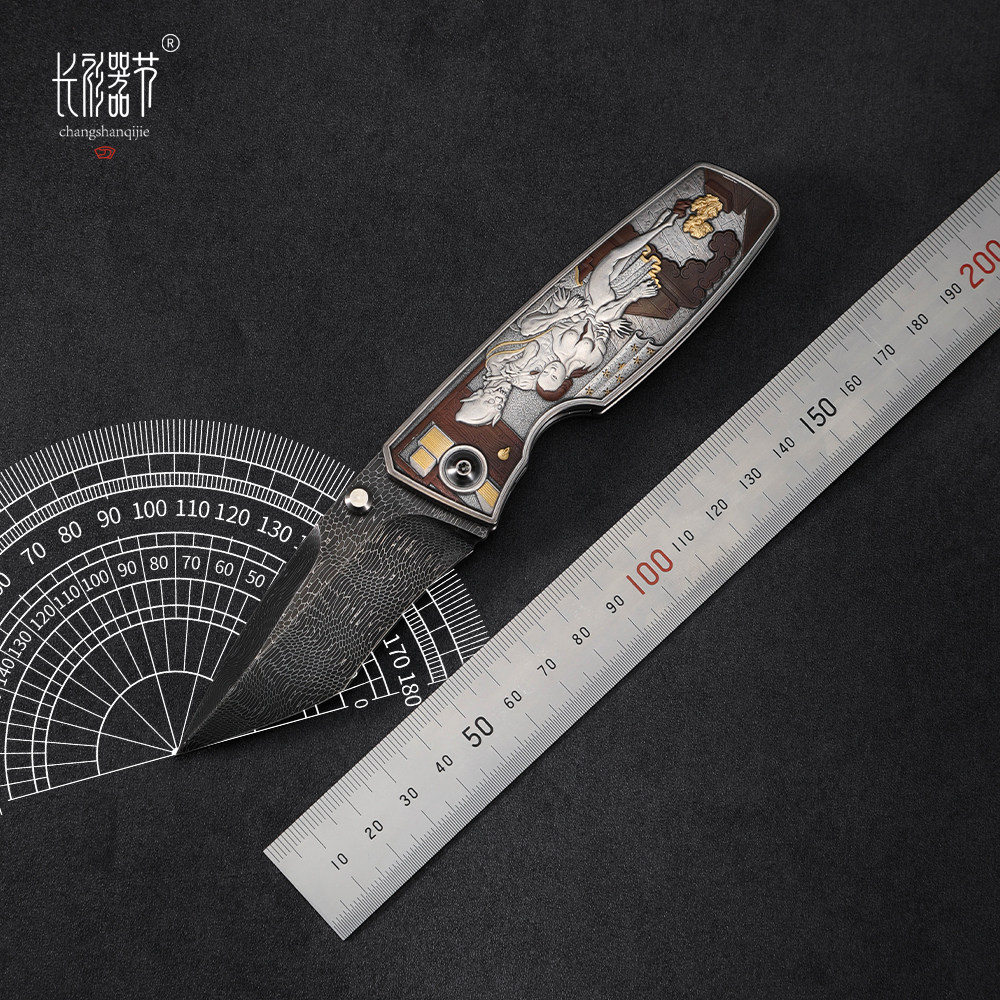 巴赫工作室[画皮]美国呼吸纹大马折刀非遗铁翦金錾刻镶金银铜刀具