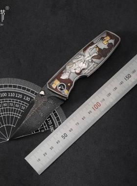 巴赫工作室[画皮]美国呼吸纹大马折刀非遗铁翦金錾刻镶金银铜刀具