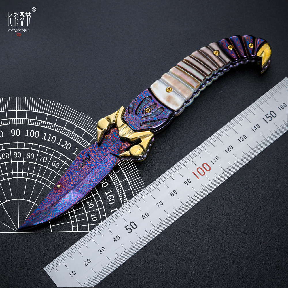 孤品定制金鳌蝎霸气折刀名匠舒恰特.江塔隆烤蓝大马士革艺术折刀