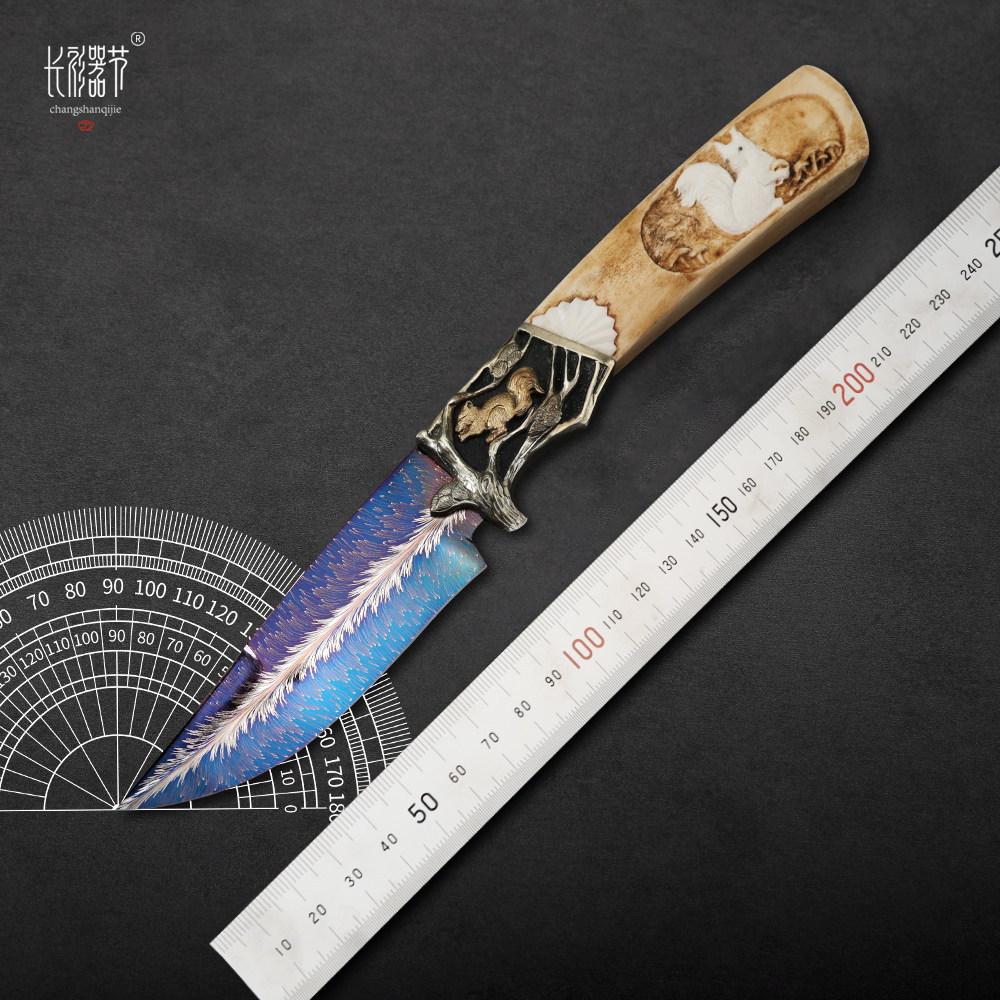 长衫猫头鹰羽毛纹雕刻款直刀手柄镂空点刻雕刻收藏手工限量版本