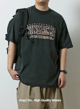 Ang2 Stu 水洗质感 日系复古男式做旧印花纯棉宽松圆领短袖T恤Tee