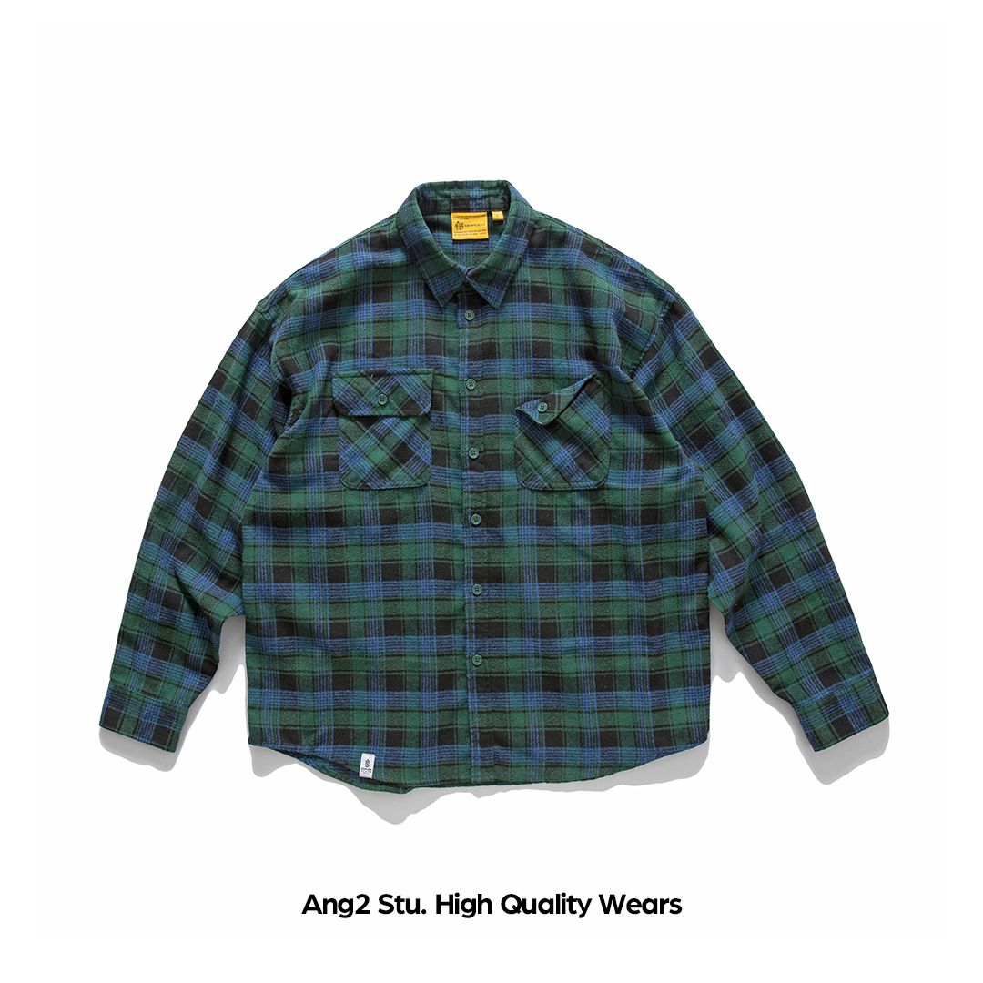 翻领长袖日系格子衬衫