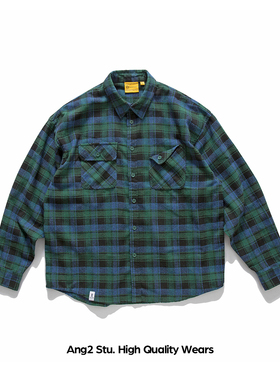 Ang2  Stu 磨毛质感 春装新款日系复古男双口袋宽松格子休闲衬衫