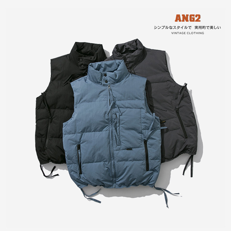 ANG2 ZIPPER SLIT JAPANESE VINTAGE MENS MULTI-POCKET CARGO STAND-UP COLLAR DOWN VEST THERMAL DOWN VEST