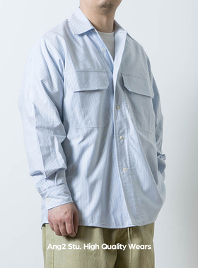 Ang2 Stu 春装新品 日系清新简约风男多竖条纹多口袋宽松工装衬衫