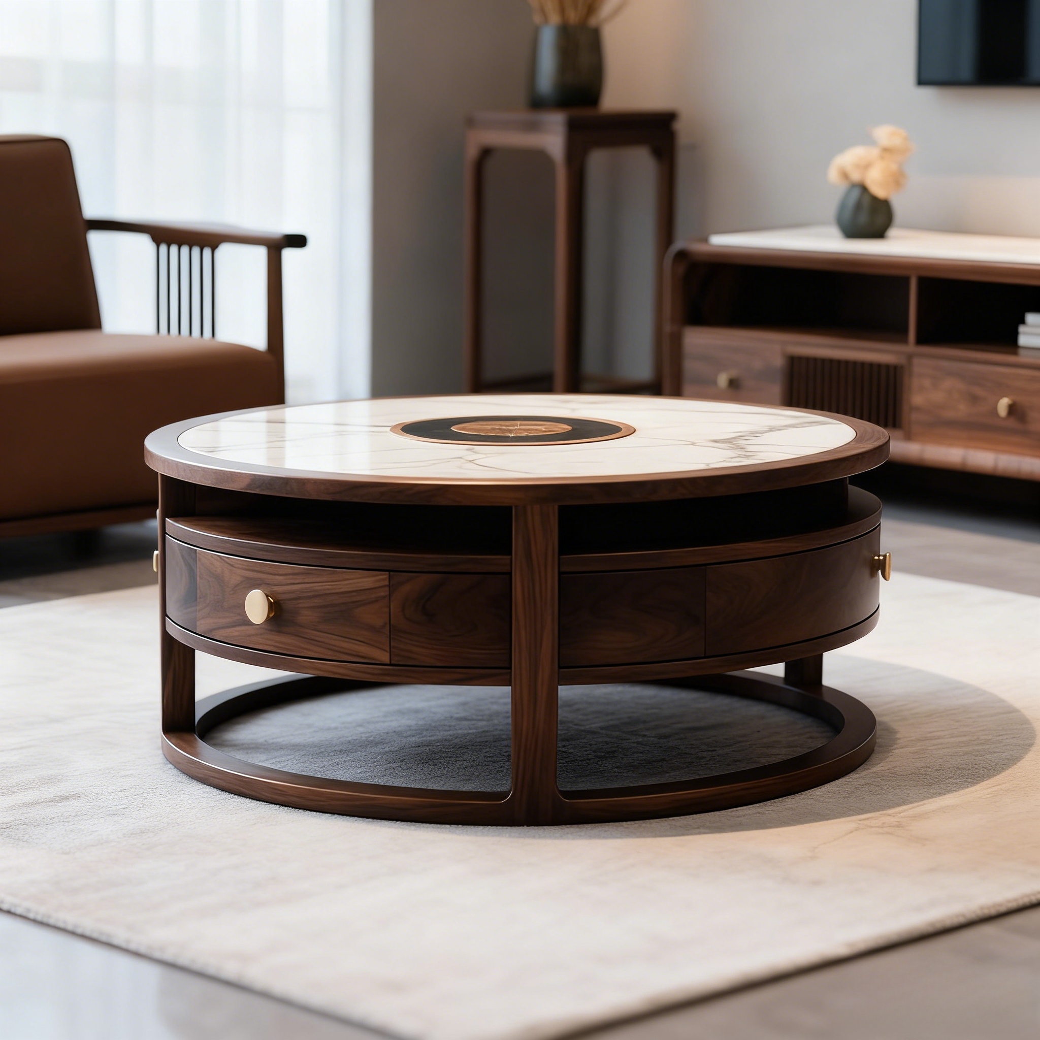 中古风实木茶几侘寂风圆形岩板台面现代简约家用客厅高级感茶台桌