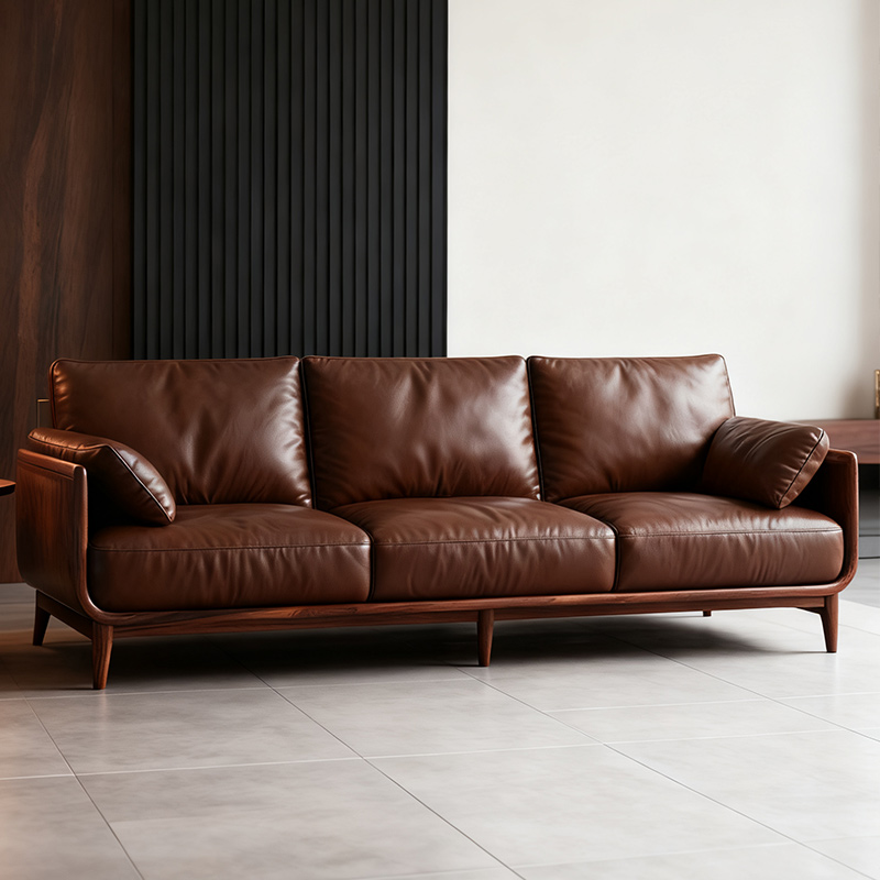 复古实木真皮沙发客厅意式轻奢黑胡桃木小户型新中式家用直排沙发