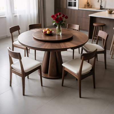 复古实木圆餐桌中古风黑胡桃木圆形餐桌带转盘圆桌小户型家用饭桌