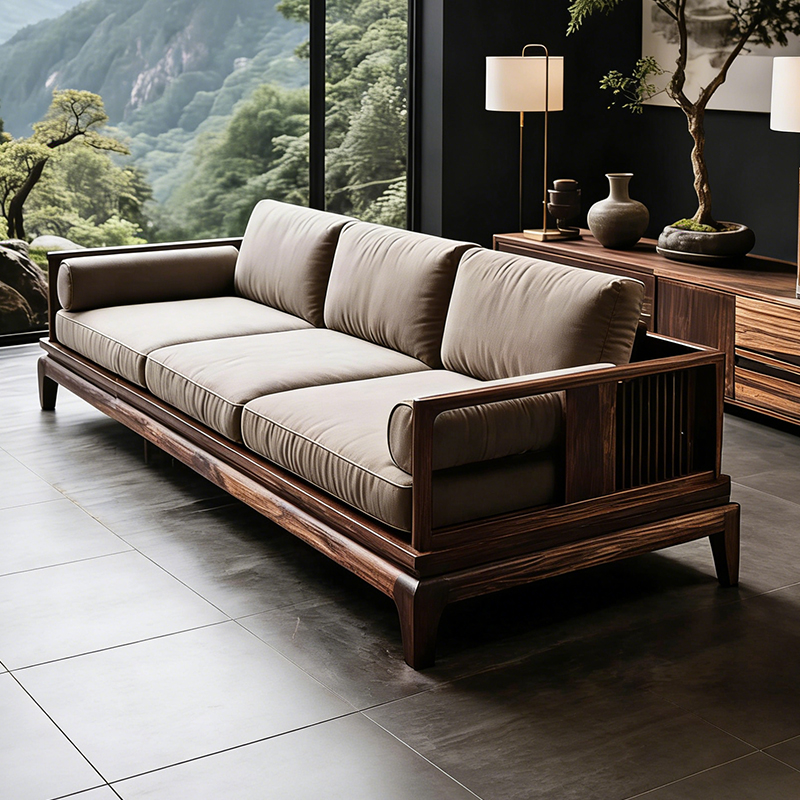 中古风实木沙发客厅家用高端黑胡桃木直排三人位2025新款罗汉椅