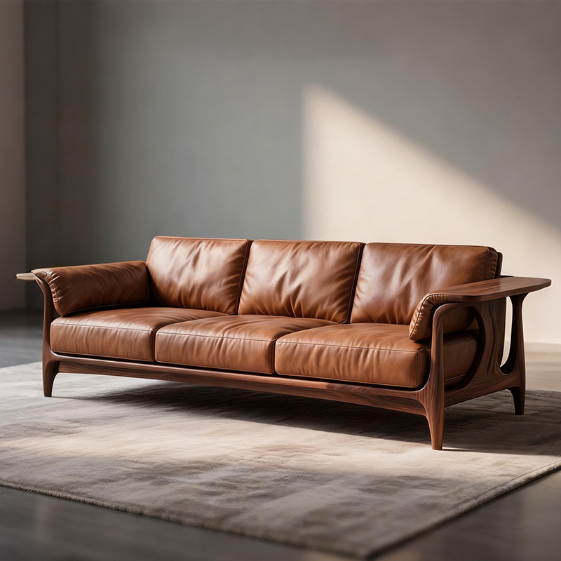 新中式小户型客厅黑胡桃木沙发家用极简风皮艺实木沙发直排小户型