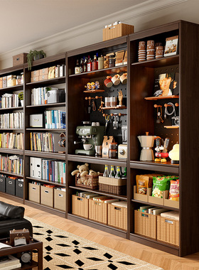 实木书架置物架落地去客厅化一体整墙收纳储物柜胡桃木色家用书柜